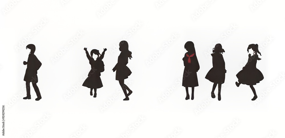 Playful silhouettes of children dancing and celebrating in various poses. Playful silhouettes of children dancing and celebrating in various poses.