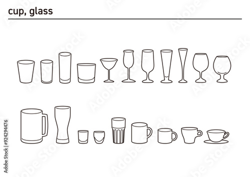様々な種類のカップアイコンセット（コップ/グラス/マグ）