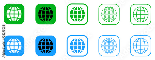 Globe icon set fill and line isolated on white. globe symbol. earth icon. world icon. internet icon set. vector globe. network icon. black, green, sky colorful globe icon.