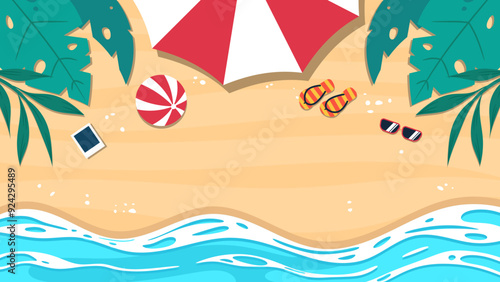 Beach summer background with sand, sea, and tropical leaves framing the top corners