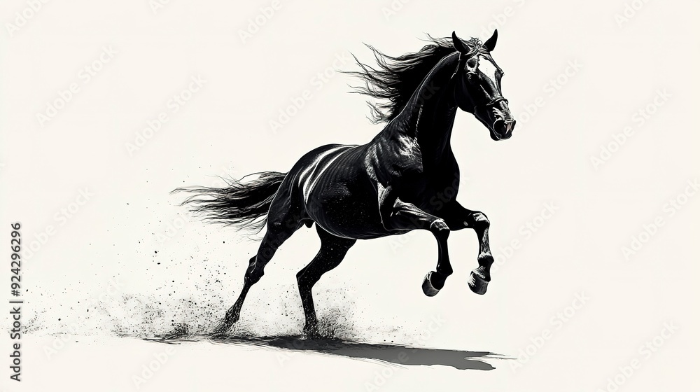 Fast galloping black and white horse casting shadow while art minimalist. silhouette concept Fast galloping black and white horse casting shadow while art minimalist. silhouette concept