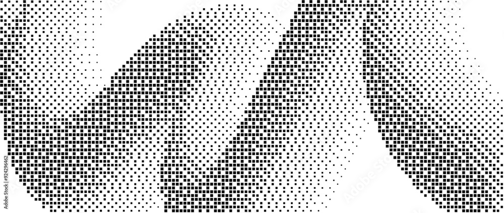 Fototapeta premium Pixelated curved gradient shape. Dotted dither squiggle texture background. Fluid undulate form for banner, poster, leaflet, brochure. Abstract rasterized overlay backdrop. Vector comic wallpaper