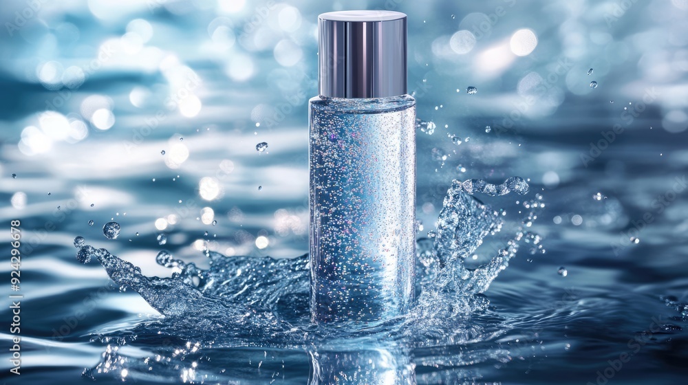 Cosmetic perfume spray bottle on water surface. Makeup and skincare concept for beauty, healthcare and fashion industry Cosmetic perfume spray bottle on water surface. Makeup and skincare concept for beauty, healthcare and fashion industry