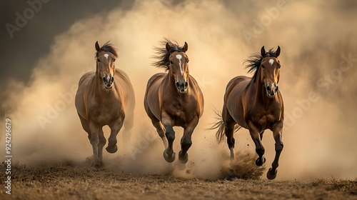 Three horses run across the field, kicking up dust