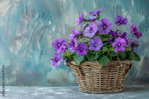 purple flowers In basket on cement Background