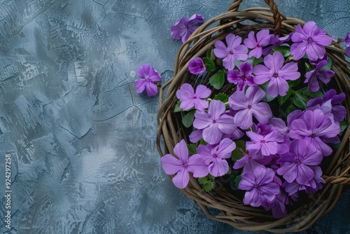purple flowers In basket on cement Background
