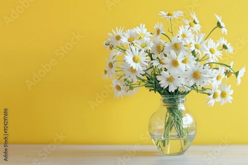 Wallpaper Mural Rich daisy bouquet in a glass vase on the table in front of a yellow wall - pastel colors - lots of copy space Torontodigital.ca
