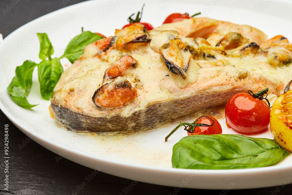 Delicious baked salmon steak with cream sauce and mussels is served on a plate and ready to eat Delicious baked salmon steak with cream sauce and mussels is served on a plate and ready to eat