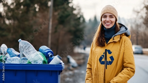 A joyful recycler contrasts with a careless litterer, highlighting the gap in environmental responsibility. photo