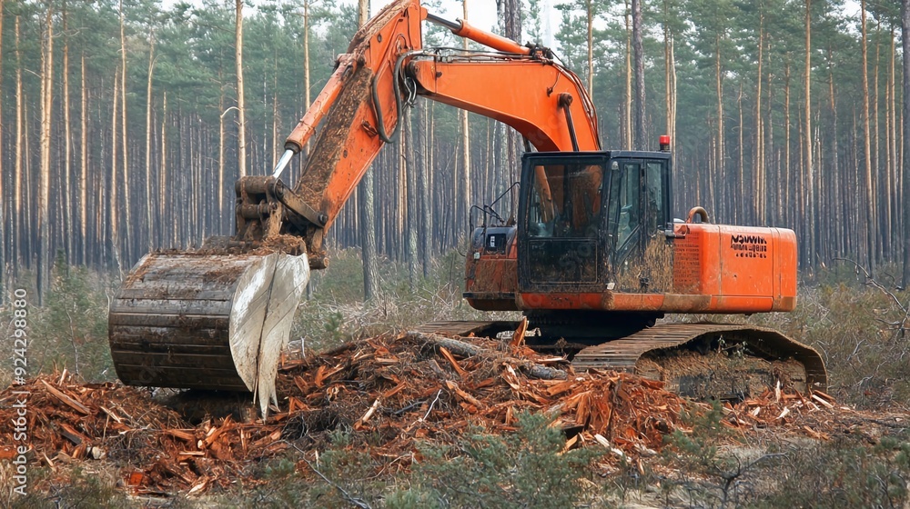 Fototapeta premium Excavator clearing a forest with debris scattered around