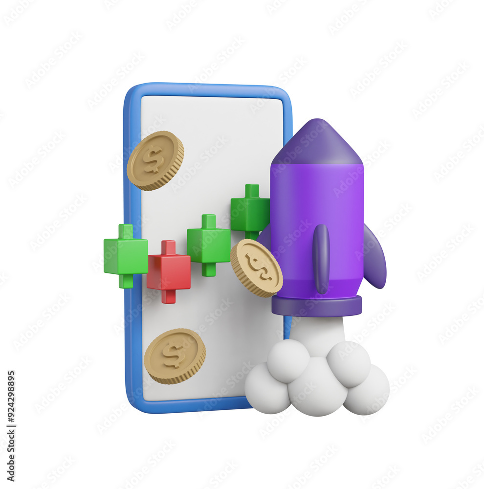 3D illustration showing a rocket launch icon with a mobile phone and a ...