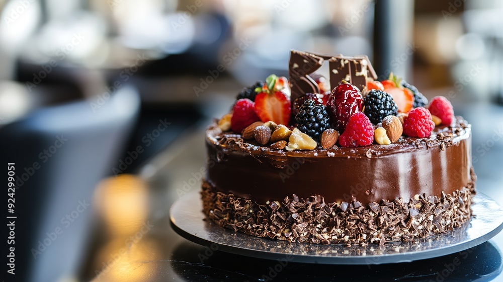 Decadent Chocolate Cake Topped With Fresh Fruits, Nuts, and Berries, Elegantly Presented on a Table Decadent Chocolate Cake Topped With Fresh Fruits, Nuts, and Berries, Elegantly Presented on a Table