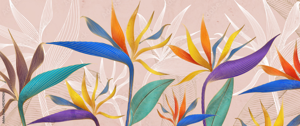 Fototapeta premium Art background with tropical flowers, birds of paradise, bright colors, hand-drawn with line elements. Floral botanical banner for decor, print, textile, wallpaper, cover, interior.