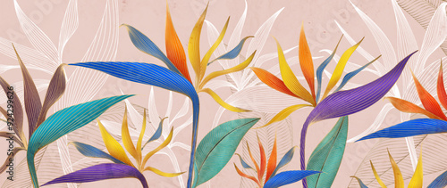 Art background with tropical flowers, birds of paradise, bright colors, hand-drawn with line elements. Floral botanical banner for decor, print, textile, wallpaper, cover, interior.