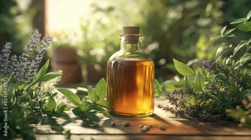 bottle of plant-based tincture, placed on a wooden table with fresh herbs, soft natural lighting, earthy and calming atmosphere bottle of plant-based tincture, placed on a wooden table with fresh herbs, soft natural lighting, earthy and calming atmosphere