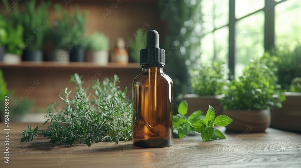 bottle of plant-based tincture, placed on a wooden table with fresh herbs, soft natural lighting, earthy and calming atmosphere bottle of plant-based tincture, placed on a wooden table with fresh herbs, soft natural lighting, earthy and calming atmosphere