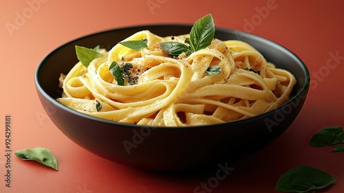 bowl of creamy pasta, rich sauce and fresh herbs, soft ambient lighting, warm and indulgent tones