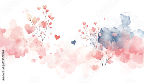 Fototapeta Naklejka Na Ścianę i Meble -  Watercolor sky with clouds and heart-shaped flowers illustration