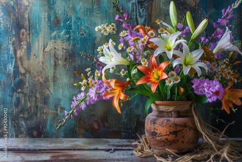 Still life with flowers of lilies, daisies and mallow on an old wooden table, summer and autumn banner, abstract floral arrangement, rustic style, holiday card, selective focus.