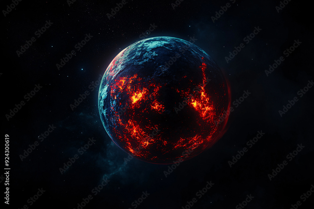 Mysterious Planet with Red and Blue Flames in Darkness Mysterious Planet with Red and Blue Flames in Darkness