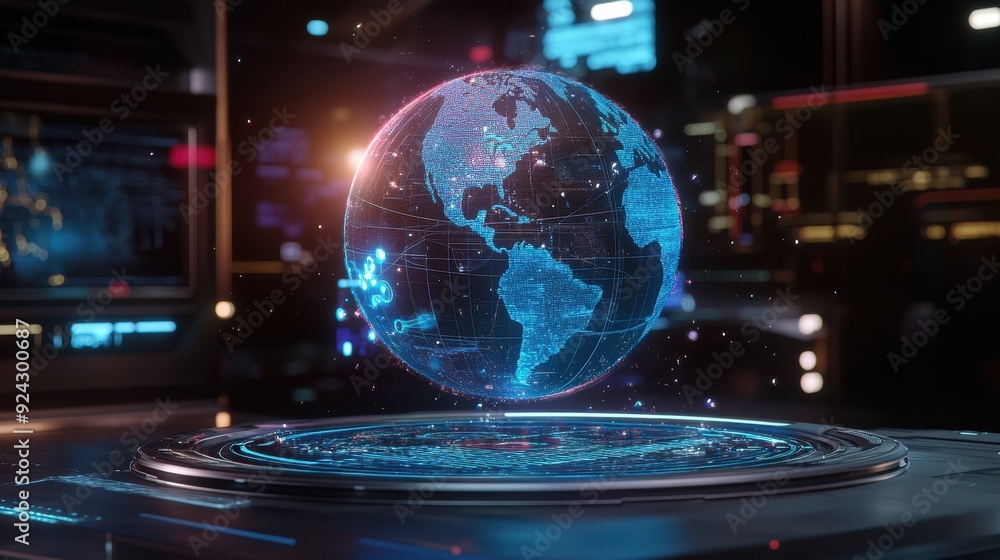 Fototapeta premium Holographic Earth Globe Display on Futuristic Technology Platform
