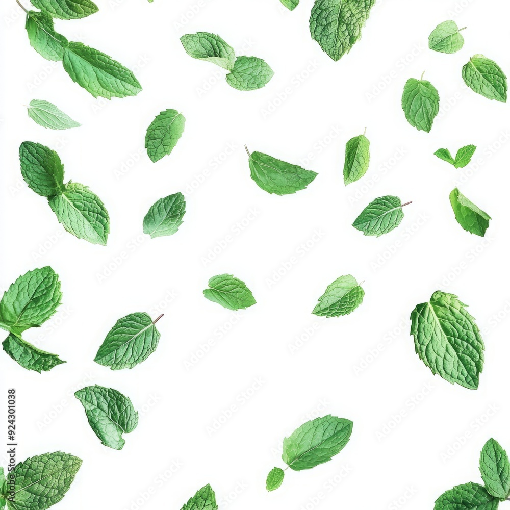 Fresh Mint Delight - Falling Spearmint Leaves Creating a Fragrant Frame on a White Background. Fresh Mint Delight - Falling Spearmint Leaves Creating a Fragrant Frame on a White Background.