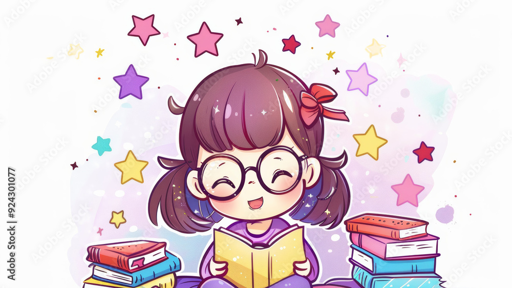 Illustrated in vibrant colors, a girl with brown hair and glasses, wearing a purple shirt, reads from an open book while sitting on a stack of books Illustrated in vibrant colors, a girl with brown hair and glasses, wearing a purple shirt, reads from an open book while sitting on a stack of books