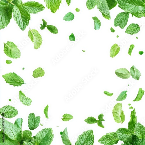 Fresh Mint Delight - Falling Spearmint Leaves Creating a Fragrant Frame on a White Background.