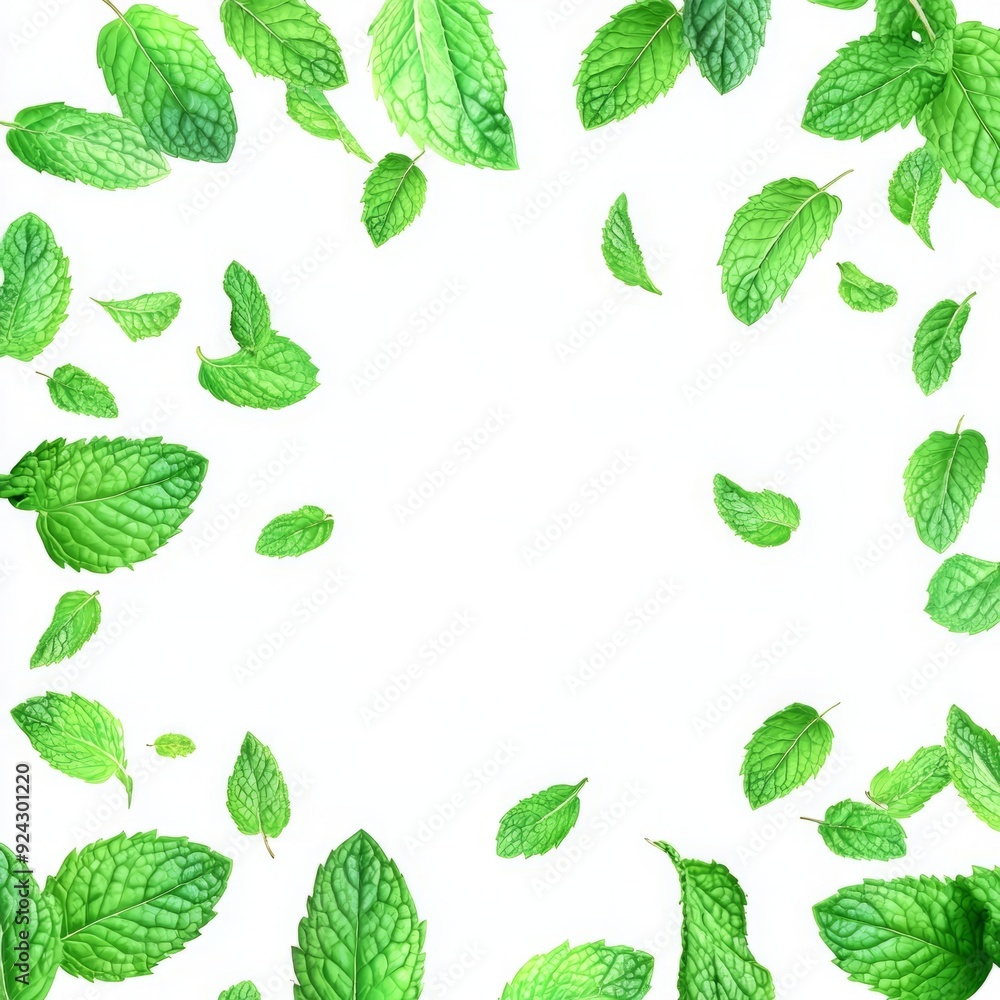 Fresh Mint Delight - Falling Spearmint Leaves Creating a Fragrant Frame on a White Background. Fresh Mint Delight - Falling Spearmint Leaves Creating a Fragrant Frame on a White Background.