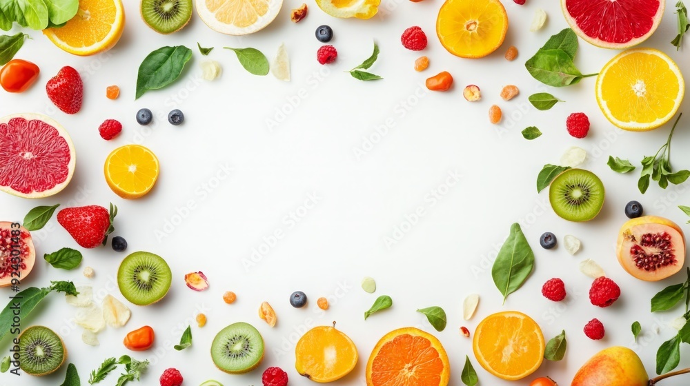 Nutritious Harvest - A Colorful Fruit and Vegetable Frame from a Top View on a White Background. Nutritious Harvest - A Colorful Fruit and Vegetable Frame from a Top View on a White Background.