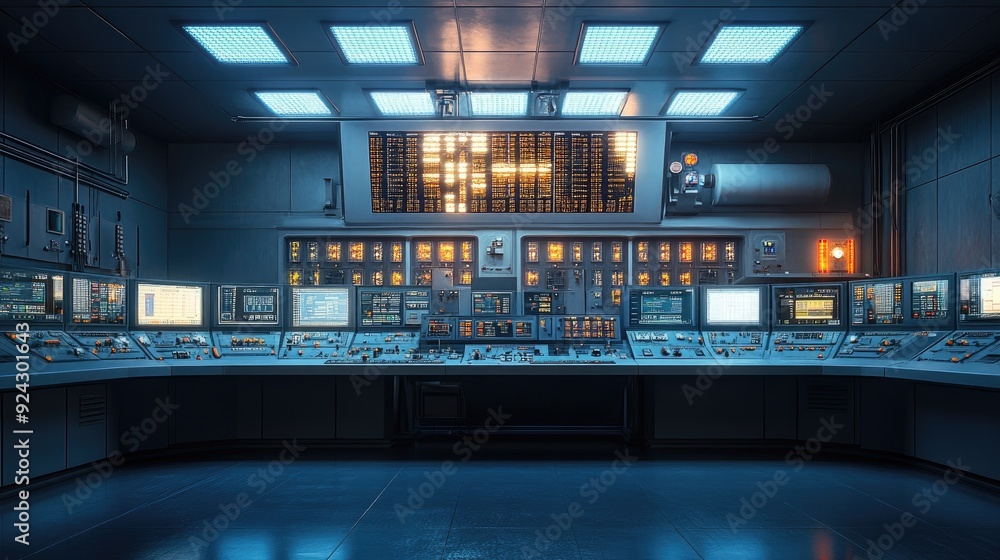 deserted factory control room, monitors and control panels, harsh overhead lighting, cold tones deserted factory control room, monitors and control panels, harsh overhead lighting, cold tones