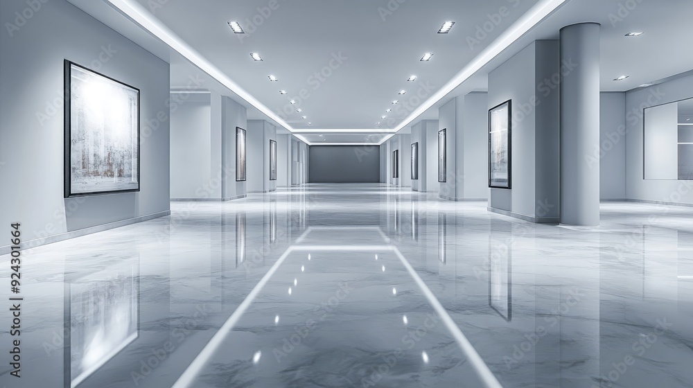 Obraz premium deserted showroom floor, products displayed under bright lights, clean and sharp contrast
