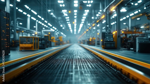 deserted factory assembly line, machinery idle, harsh overhead lighting, cold and industrial tones