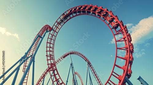 deserted roller coaster, with its tracks looping and twisting against a clear blue sky, bright daylight, dynamic and exciting tones
