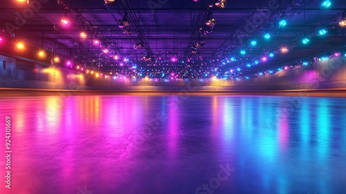 deserted roller skating rink, with colorful lights reflecting on the smooth floor, soft ambient lighting, playful and nostalgic atmosphere