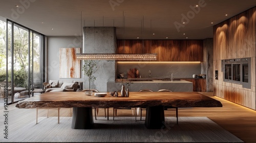 Wallpaper Mural dining room with a large wooden table, designer chairs, and an industrial-style chandelier, soft ambient lighting, rustic and modern atmosphere Torontodigital.ca