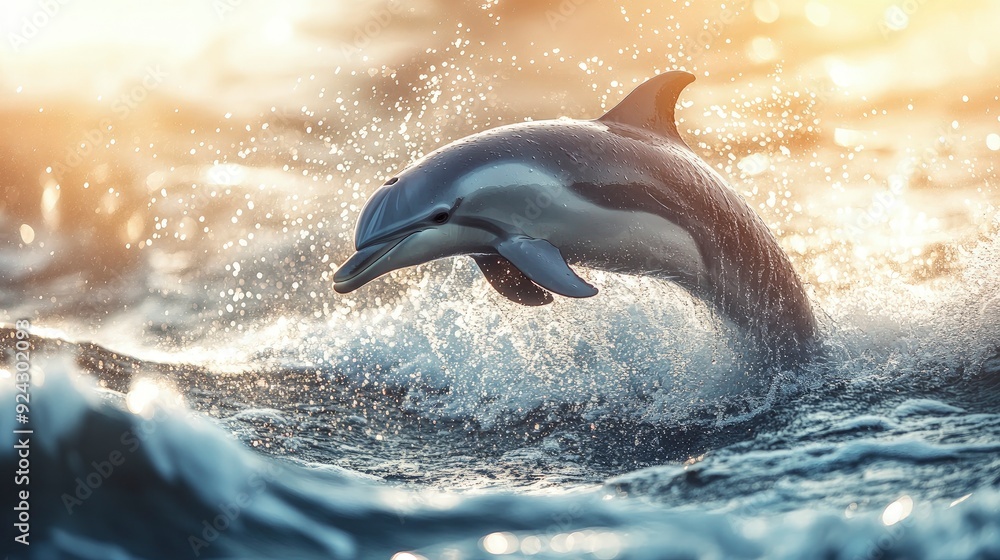 Fototapeta premium dolphin leaping out of the ocean, water droplets sparkling in the air, bright sunlight, dynamic and joyful atmosphere
