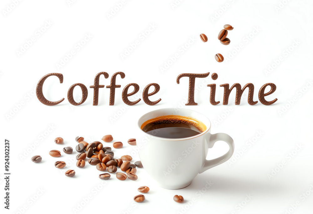 Obraz premium Coffee Time banner with a cup of coffee, decorated with coffee beans