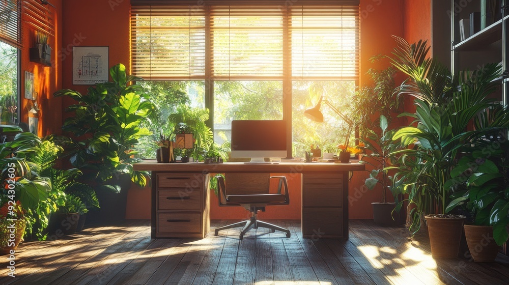 eco-friendly urban workspace, filled with natural light and plants, midday light, warm and inviting tones eco-friendly urban workspace, filled with natural light and plants, midday light, warm and inviting tones