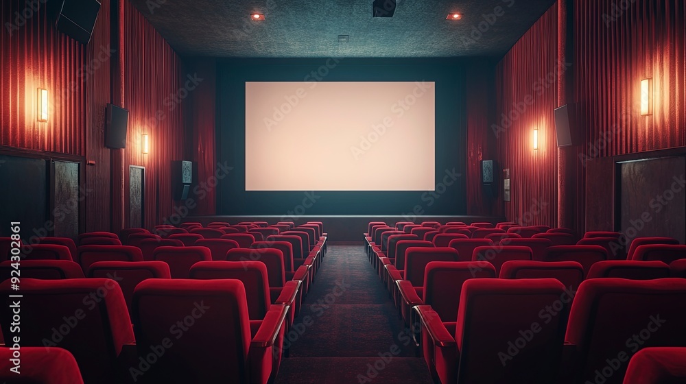 Fototapeta premium empty cinema, with rows of red velvet seats facing a large blank screen, soft ambient lighting, quiet and contemplative tones