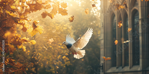 Elegant dove gliding over church with sunlight and trees