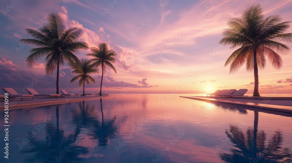 empty luxury resort pool at sunset, with palm trees and loungers reflected in the water, soft ambient lighting, tropical and tranquil tones empty luxury resort pool at sunset, with palm trees and loungers reflected in the water, soft ambient lighting, tropical and tranquil tones