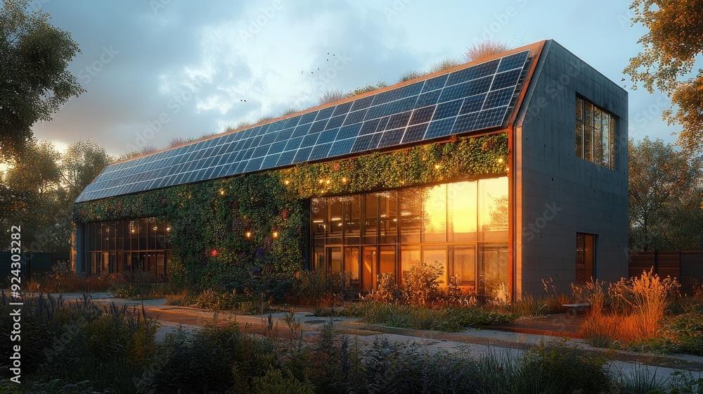 Fototapeta premium energy-positive building, covered in solar panels and green walls, soft dusk light, warm hues