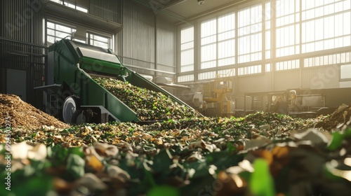 facility converting organic waste into compost, with machinery turning the material, bright daylight, natural and efficient tones