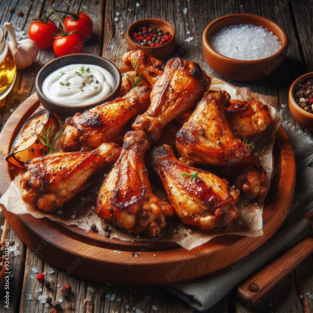Crispy Grilled Chicken Wings Served on Rustic Wooden Board Crispy Grilled Chicken Wings Served on Rustic Wooden Board
