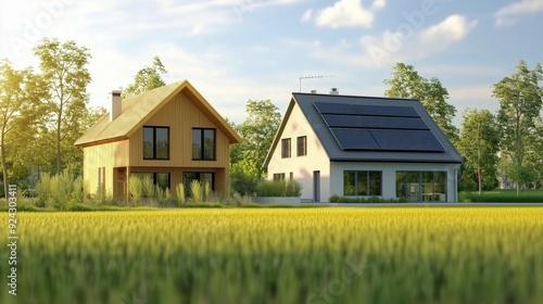 Wallpaper Mural A clean, energy-efficient home contrasts sharply with an old, wasteful house, showcasing modern sustainability. Torontodigital.ca