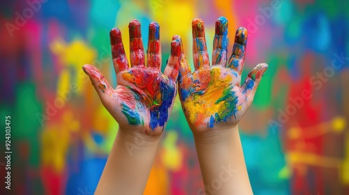 Close-up of kids' hands covered in colorful paint, creating a vibrant and playful background.  for educational materials, art projects, and child-friendly content.