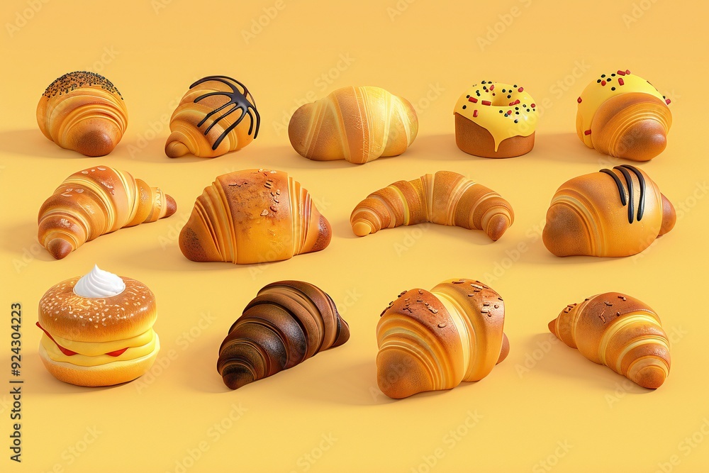 Cute cartoon style croissants, different designs, 3D render , created ai Cute cartoon style croissants, different designs, 3D render , created ai