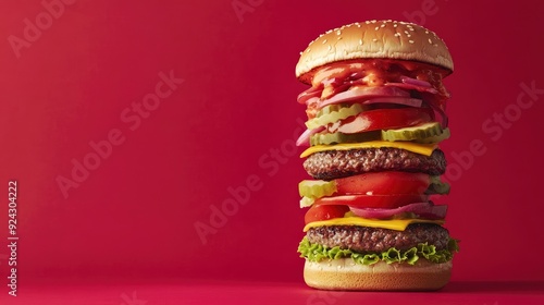 A very tall hamburger, over a red background with generative ai