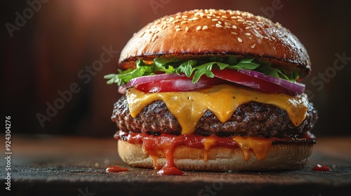 gourmet burger, dripping with melted cheese and fresh toppings, bright natural light, vibrant and appetizing tones